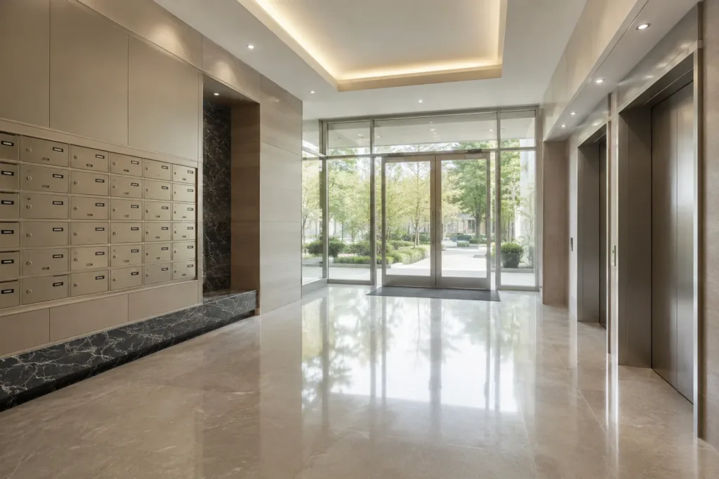 Apartment building lobby with mailboxes and elevator doors after common area cleaning in Newark, NJ