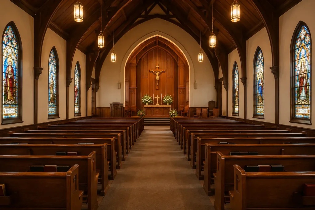 Church sanctuary with center aisle carpet cleaned by a church cleaning company in Newark, NJ