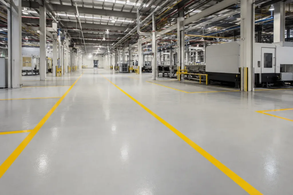 Industrial plant floor with yellow aisle markings cleaned by industrial cleaning services in Newark, NJ