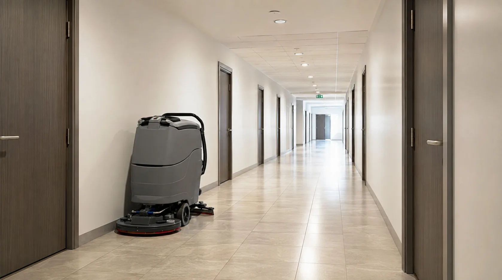 Floor scrubber in a commercial building corridor during janitorial services in Newark, NJ