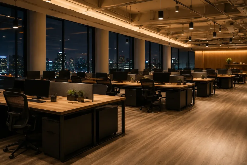 Open-plan office cleaned at night in Newark, NJ, with empty desks and city lights through the windows