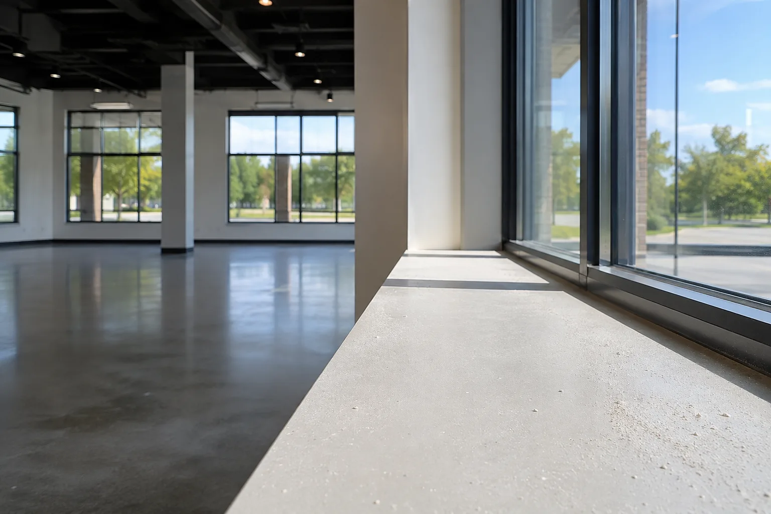 Empty commercial space before post construction cleaning in Newark, NJ, with dust on the window sill