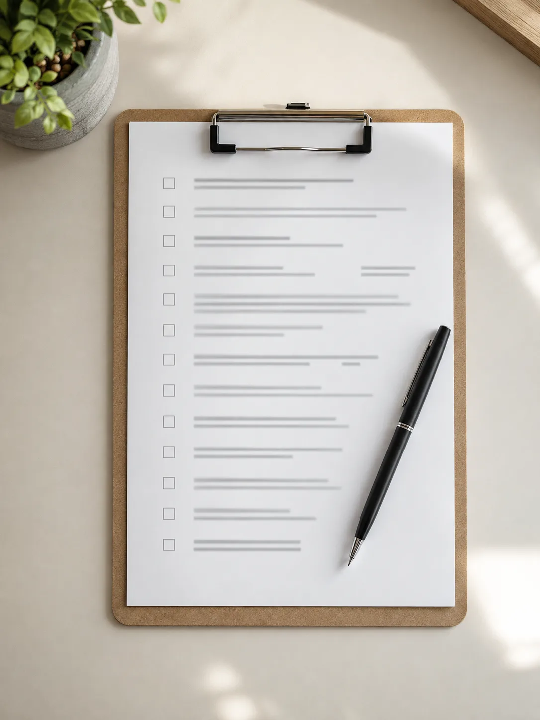 Printed cleaning scope checklist on a clipboard, used by Rosa Commercial Cleaning in Newark, NJ