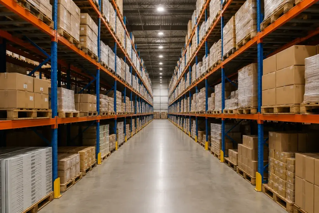 Warehouse aisle and pallet racking cleaned by commercial warehouse cleaning in Newark, NJ